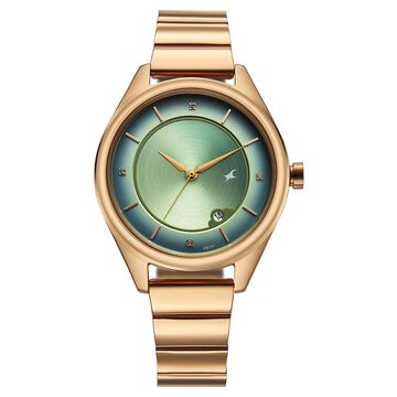 Fastrack Style Up Quartz Analog with Date Green Dial Rose Gold Colour Stainless Steel Strap Watch For Girls