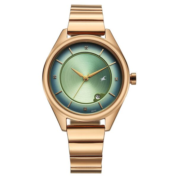 Fastrack Style Up Quartz Analog with Date Green Dial Rose Gold Colour Stainless Steel Strap Watch For Girls - image number 0