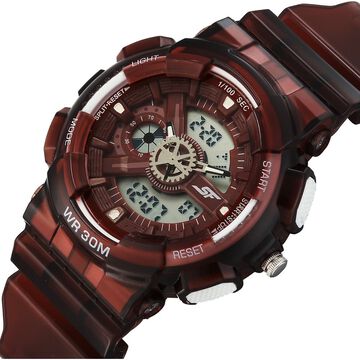 Sonata SF Spectra Quartz Digital Maroon Dial Translucent Maroon Polyether Strap Watch For Men