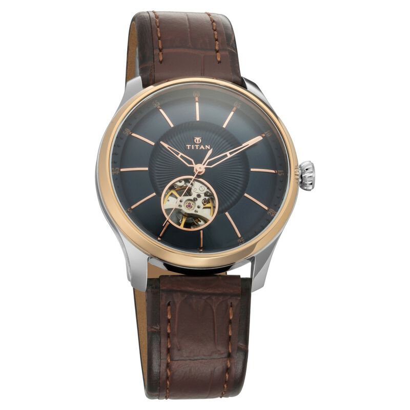 Titan Magnate Automatic Blue Dial Brown Leather Strap Watch For Men