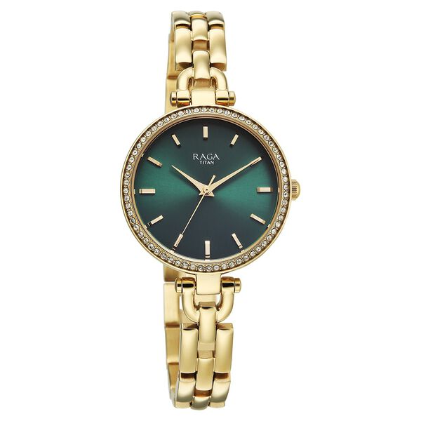 Titan Raga Showstopper Quartz Analog Green Dial Golden Metal Strap Watch For Women - image number 1