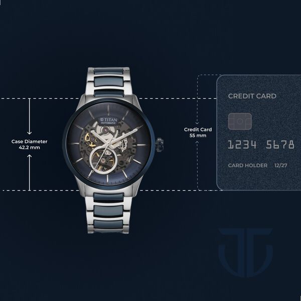 Titan Ceramic Fusion Automatic Blue Dial Silver Dual-Toned Stainless Steel Bracelet Watch for Men - image number 2
