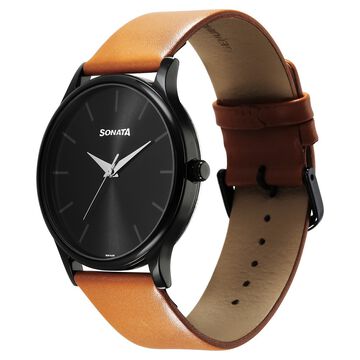 Sonata Aspire Quartz Analog Black Dial Leather Strap Watch for Men