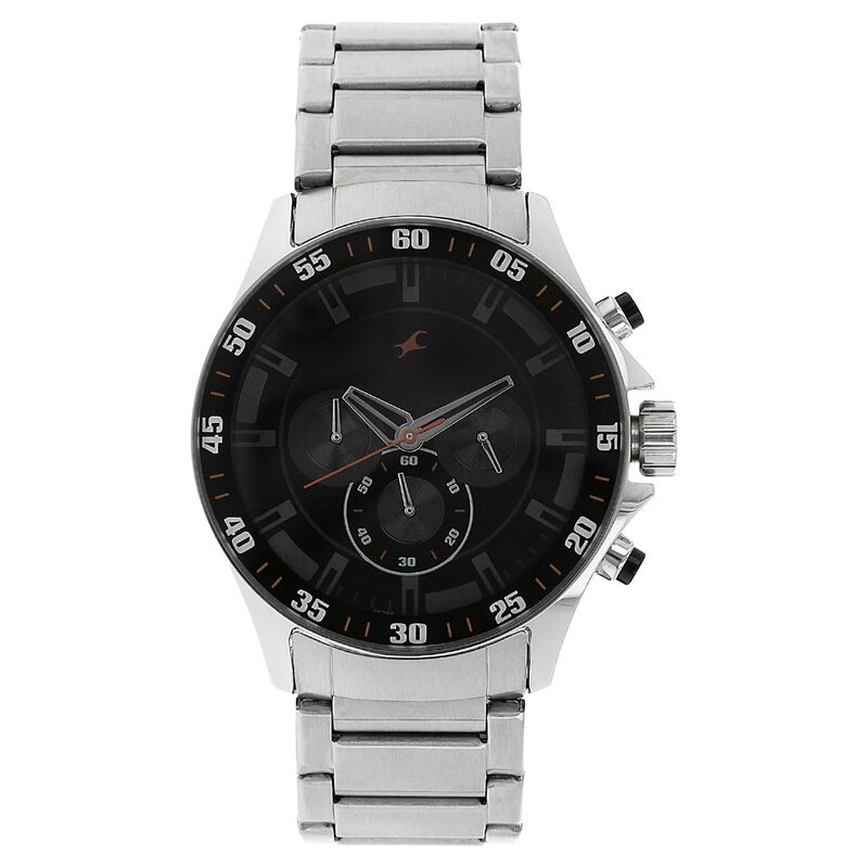 Fastrack Big Time Quartz Chronograph Black Dial Metal Strap Watch for Guys
