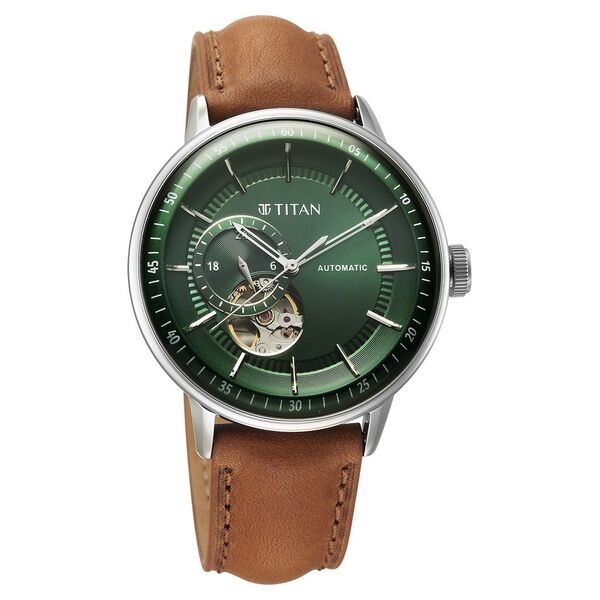 Titan Orbital Open Heart Automatic Analog with Green Dial Brown Leather Strap Watch for Men - image number 1