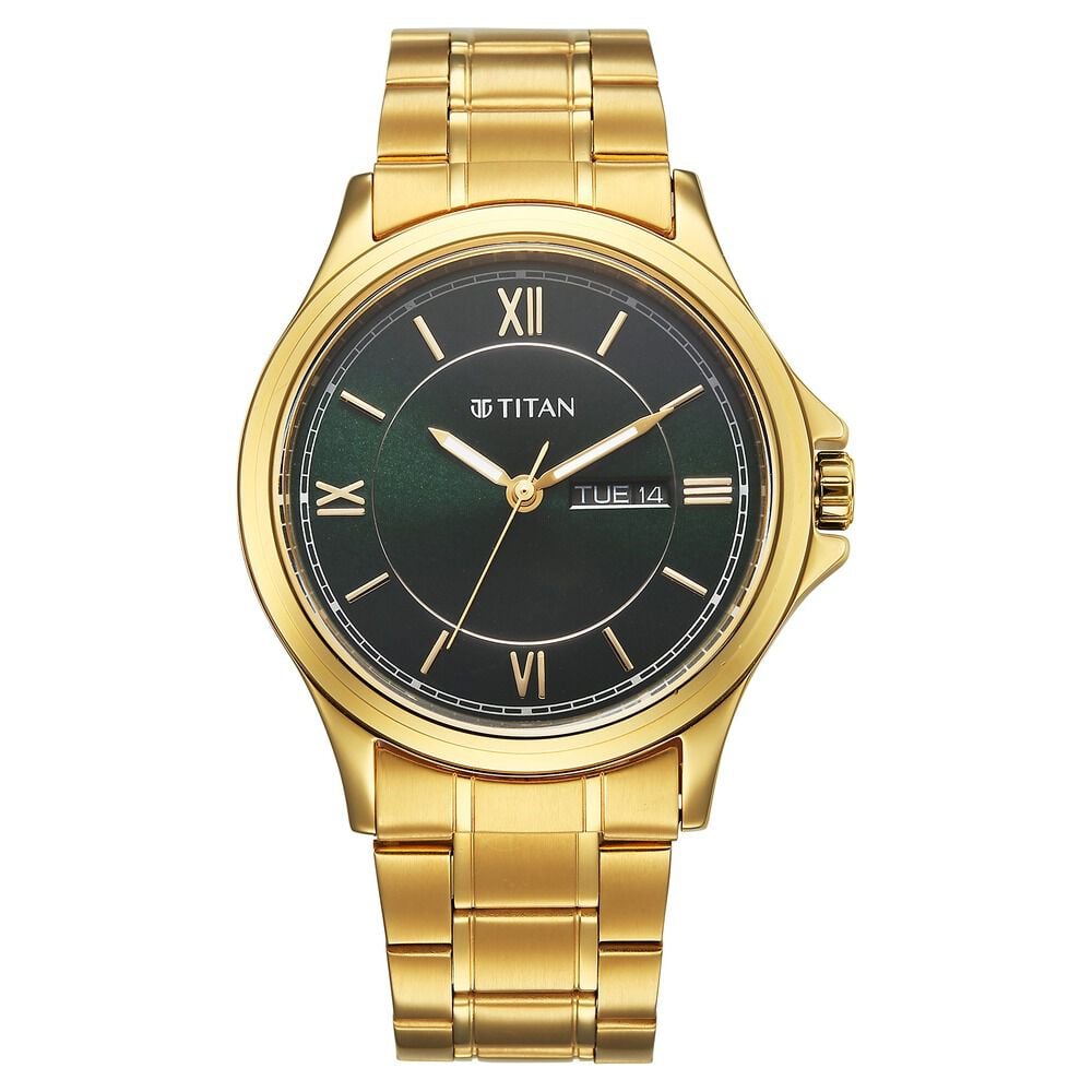 Titan Karishma Quartz Analog with Day and Date Green Dial Golden Stainless Steel Strap Watch For Men-picture-21
