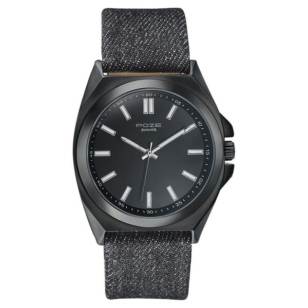 Sonata Poze Quartz Analog Black Dial Black Denim Leather Strap Watch For Men - image number 1