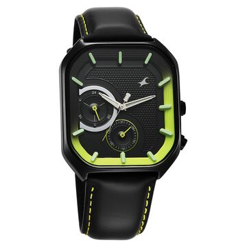 Fastrack Groove Multifunction Black Dial Guy's Leather Strap Watch with Lume indices