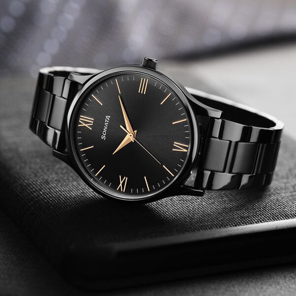 Sonata Aspire Quartz Analog Black Dial Stainless Steel Strap Watch for Men