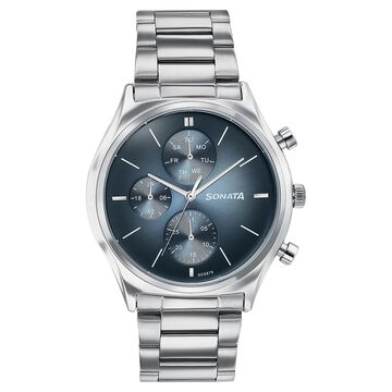 Sonata Festive Quartz Multifunction Blue Dial Silver Metal Strap Watch For Men
