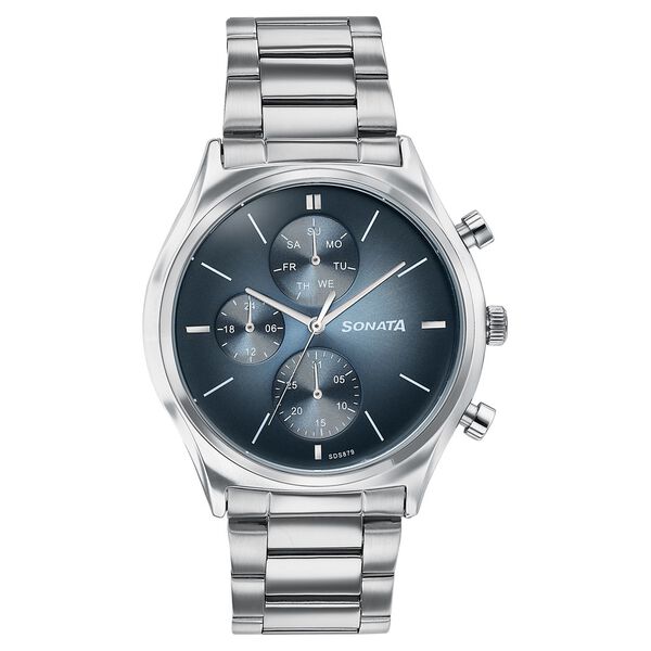 Sonata Festive Quartz Multifunction Blue Dial Silver Metal Strap Watch For Men - image number 0