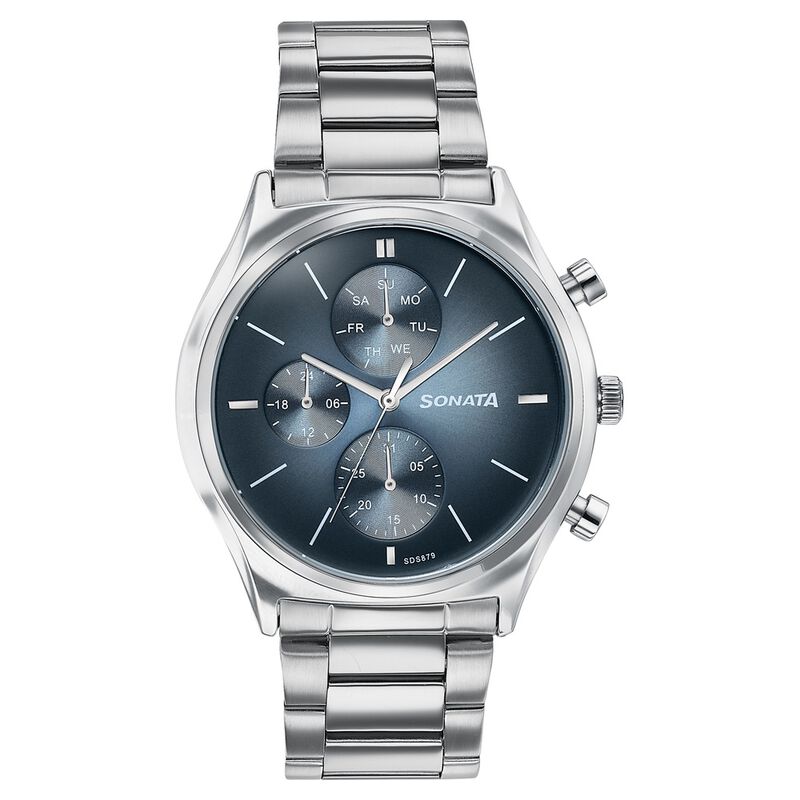 Sonata Festive Quartz Multifunction Blue Dial Silver Metal Strap Watch For Men
