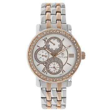 Titan Quartz Analog with Day and Date Silver Dial Metal Strap Watch for Women