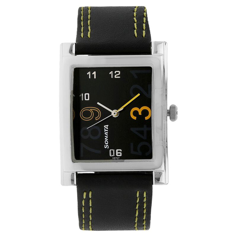 Sonata Quartz Analog Black Dial Leather Strap Watch for Men