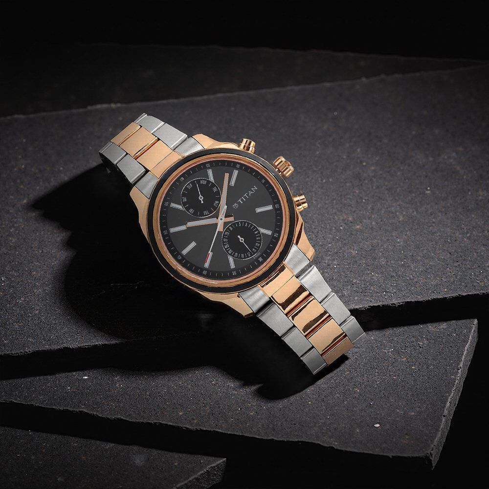Titan Men's Metropolitan Luxe: Multifunction Black Dial with Two-Tone Stainless Steel Bracelet Watch-image-45