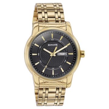 Sonata Quartz Analog with Day and Date Black Dial Golden Stainless Steel Strap Watch For Men