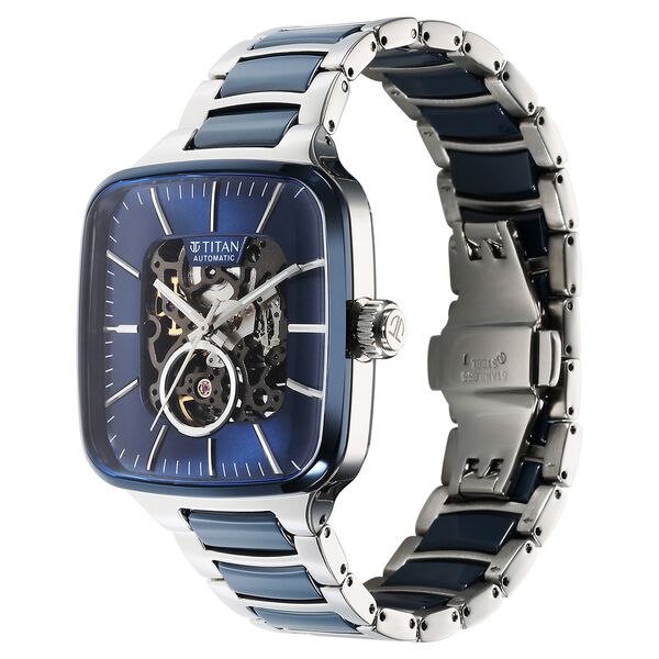 Titan Ceramic Fusion Automatic Square Blue Dial Rose Gold Dual-Toned Stainless Steel Bracelet Watch for Men - image number 3
