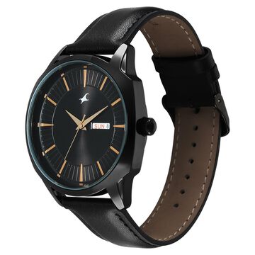 Fastrack Stunners Quartz Analog Black Dial Black Leather Strap Watch For Guys