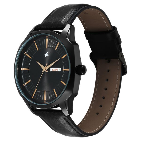 Fastrack Stunners Quartz Analog Black Dial Black Leather Strap Watch For Guys - image number 2