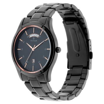 Titan Quartz Analog with Day and Date Black Dial Black Stainless Steel Strap Watch For Men