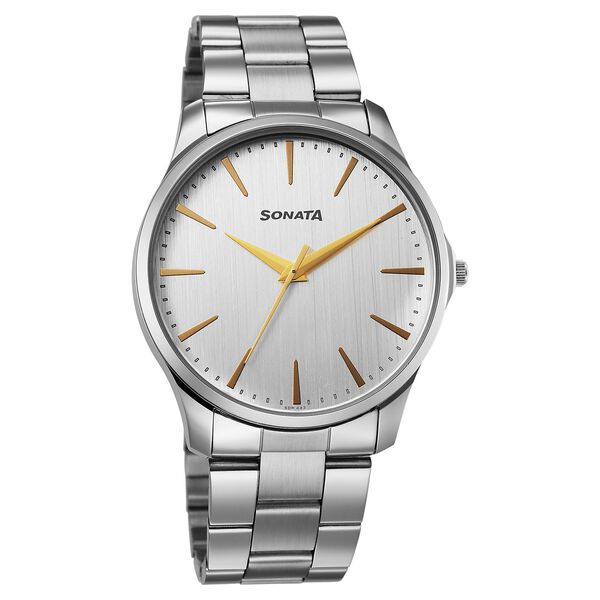 Sonata Traditional Essentials Quartz Analog Silver Dial Silver Metal Strap Watch For Men - image number 0