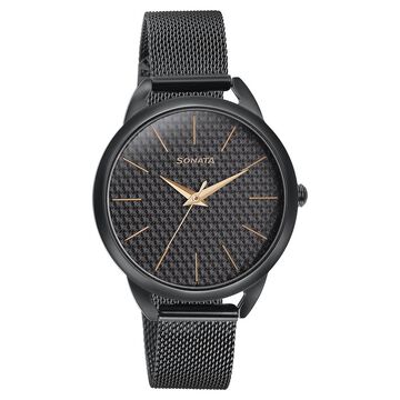 Sonata Wedding Bling Quartz Analog Black Dial Black Stainless Steel Strap Watch for Women