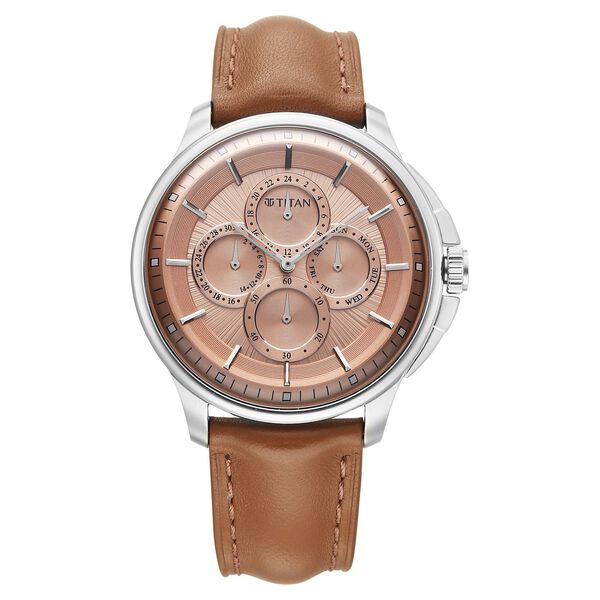Titan Classique Four Eye Multifunction Analog with Salmon Dial Tan Brown Leather Strap Watch for Men - image number 0