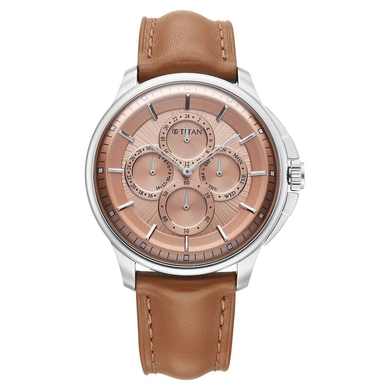 Titan Classique Four Eye Multifunction Analog with Salmon Dial Tan Brown Leather Strap Watch for Men