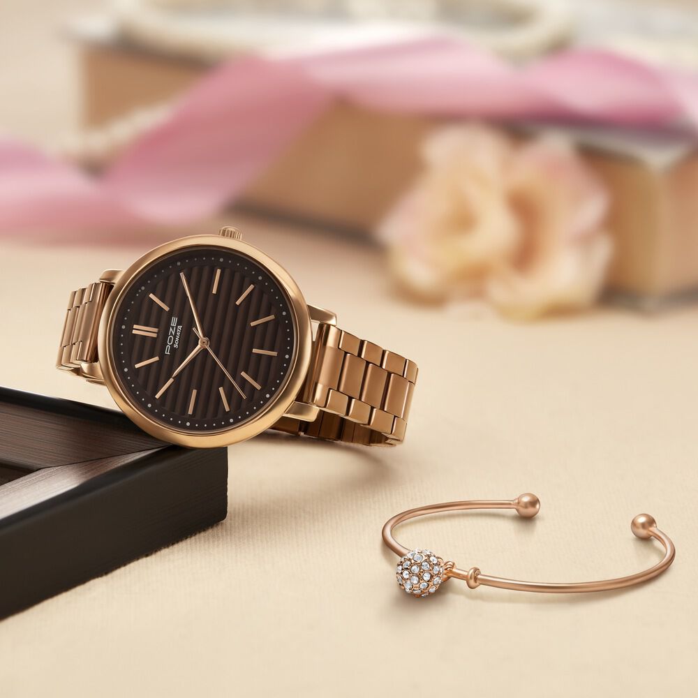 Buy Online Sonata Poze Quartz Analog Brown Dial Brown Color Stainless Steel Strap Watch For Women sp80081km01wf Titan
