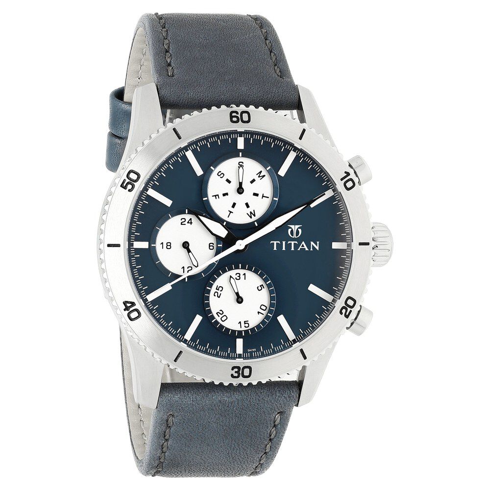 Buy Online Titan Chronograph Blue Dial Leather Strap watch for Men 90105kl02 p Titan