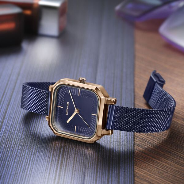 Sonata Modern Edit Quartz Analog Blue Dial Stainless Steel Strap Watch For Women - image number 0