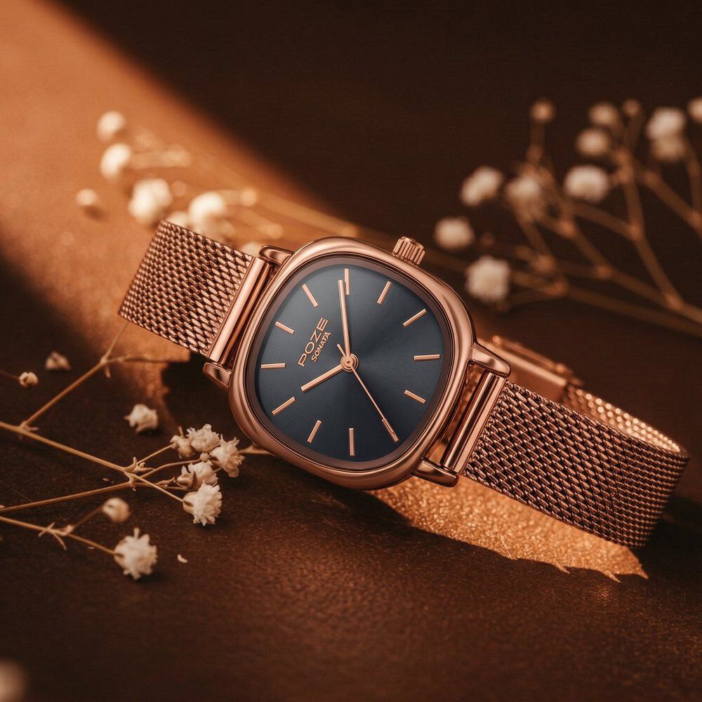 Poze By Sonata Quartz Analog Black Dial Golden Metal Strap Watch For Women-image-24
