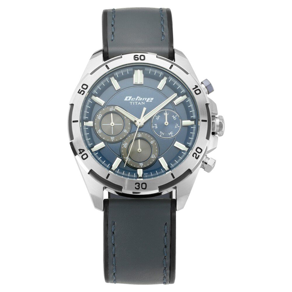 Buy Online Titan Octane Hyper Lume Blue Dial Quartz Multifunction Leather Strap watch for Men np90114kp03 Titan