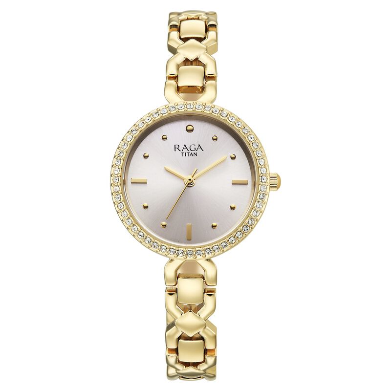 Titan Raga Spotlight Quartz Analog Silver Dial Golden Metal Strap Watch For Women