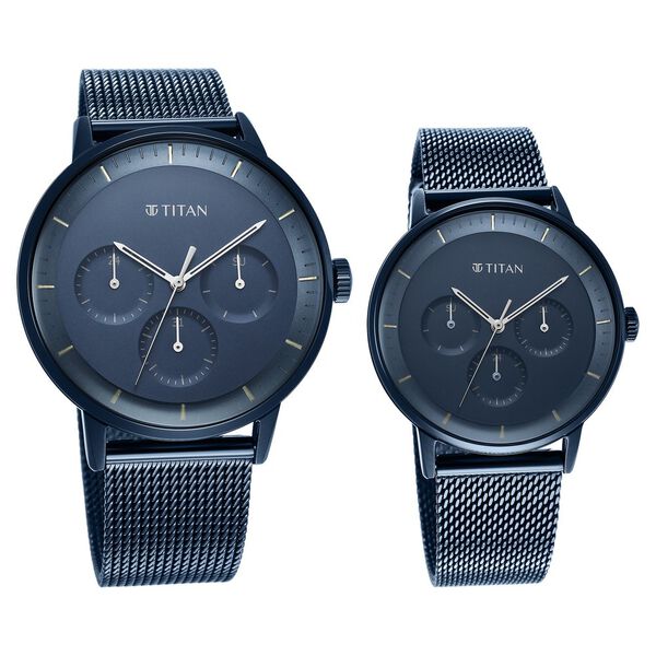Titan Modern Bandhan Blue Dial Quartz Multifunction Stainless Steel Strap watch for Couple - image number 0