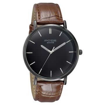 Sonata Poze Quartz Analog Black Dial Tan Leather Strap Watch For Men