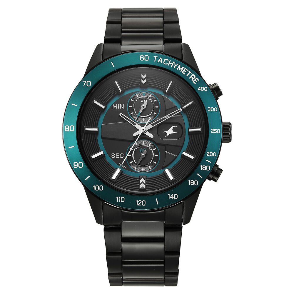 Fastrack Overdrive Quartz Chronograph Tachymeter Black Dial Black Stainless Steel Strap Watch For Guys-image-1