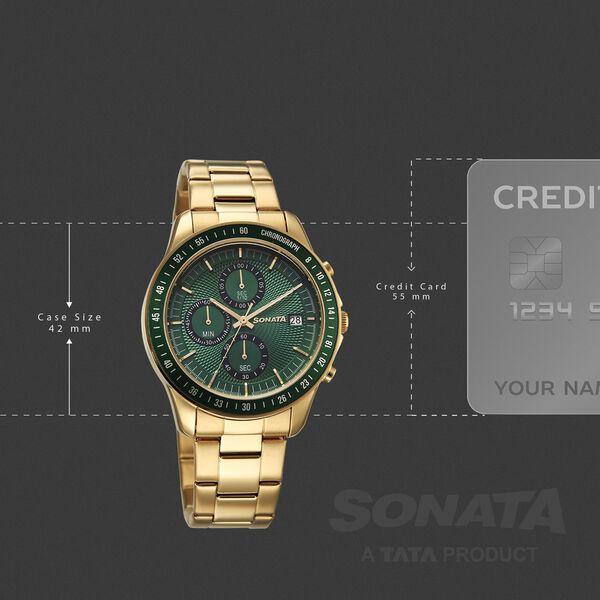 Sonata Chronos Quartz Analog with Date Green Dial Golden Colour Stainless Steel Strap Watch For Men - image number 3