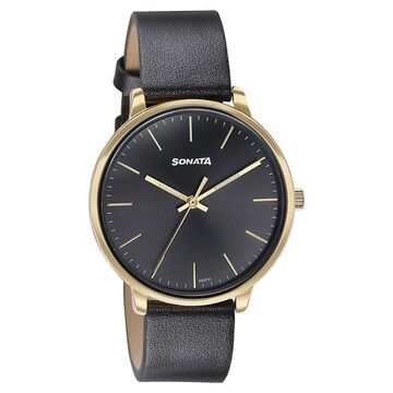 Sonata Quartz Analog Black Dial Black Leather Strap Watch For Women
