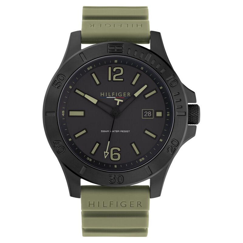 Tommy Hilfiger Quartz Analog Black Dial Green Silicone Strap Watch For Men