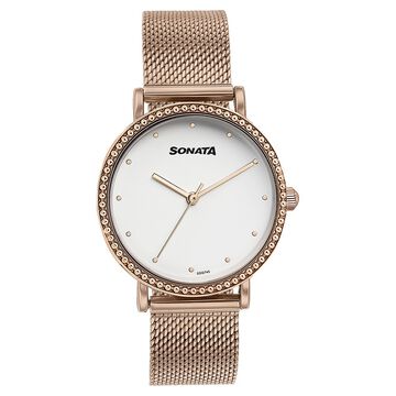 Sonata Quartz Analog White Dial Rose Gold Stainless Steel Strap Watch For Women