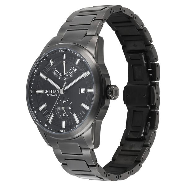 Titan Aion Concealed Automatic Analog with Power Reserve Indicator Black Dial Black Stainless Steel Strap Watch for Men - image number 2
