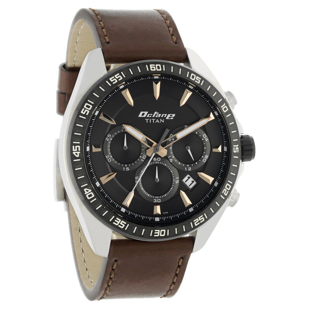 Titan Octane Black Dial Chronograph Leather Strap watch for Men
