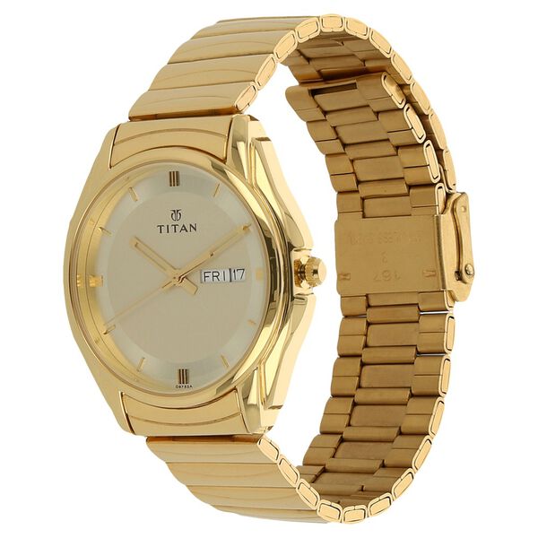 Titan Quartz Analog with Day and Date Champagne Dial Golden Stainless Steel Strap Watch For Men - image number 1