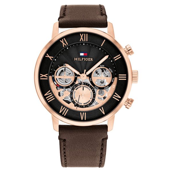Tommy Hilfiger Multifunction Black Dial Brown Leather Strap Watch For Men - image number 0