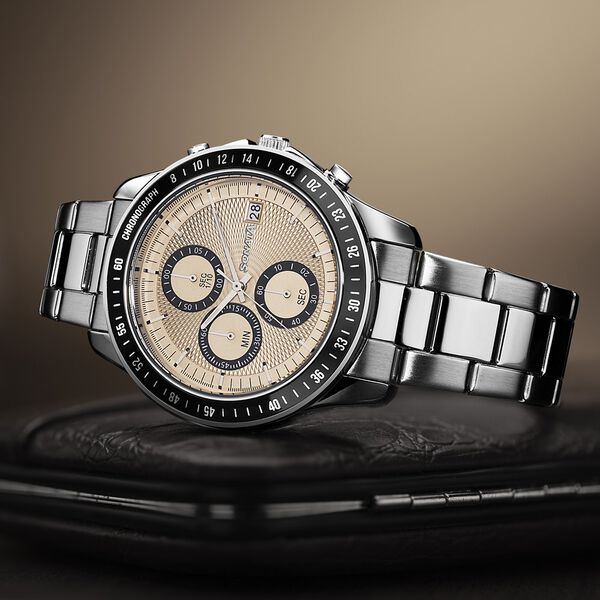 Sonata Chronos Quartz Analog with Date Champagne Dial Silver Colour Stainless Steel Strap Watch For Men - image number 0
