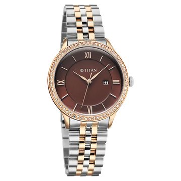 Titan Purple Prestige Quartz Analog with Date Brown Dial Brown Stainless Steel Strap Watch For Women
