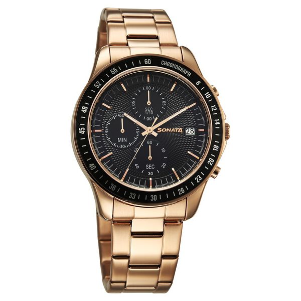 Sonata Chronos Quartz Analog with Date Black Dial Rose Gold Colour Stainless Steel Strap Watch For Men - image number 1