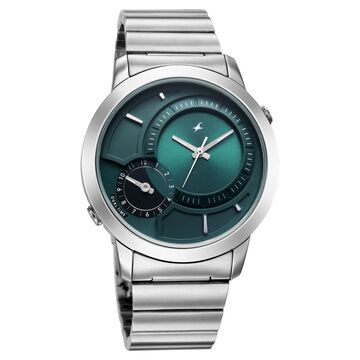 Fastrack Pulse IV Dual Time Watch for Men with Teal Green Sunray Dial & Silver Metal Strap