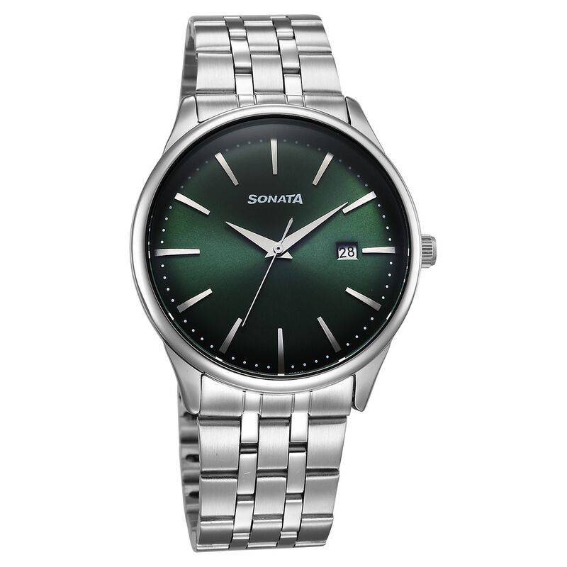 Sonata Eternia Quartz Analog with Date Green Dial Metal Strap Watch For Men